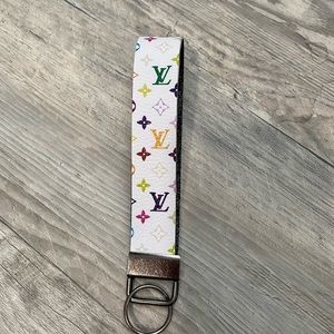 L V Inspired Keychain/Wristlet- White/Multi